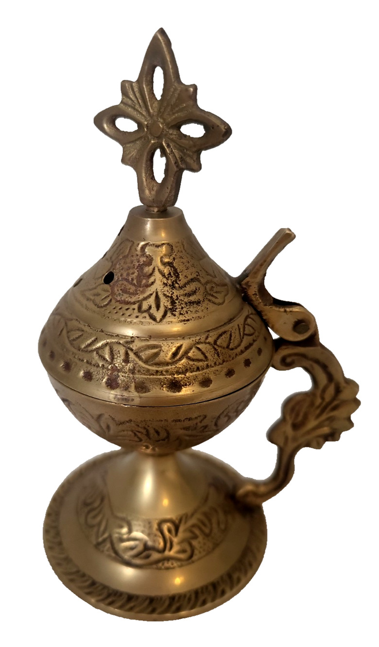 ANTIQUE BRASS VTG INCENSE BURNER W/HANDLE SPIRITUALITY FLORAL BOHEMIAN 5 INCH